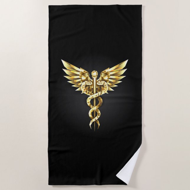 Gold Polygonal Symbol Caduceus Beach Towel (Front)
