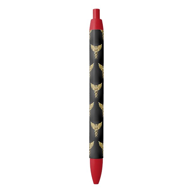 Gold Polygonal Symbol Caduceus Black Ink Pen (Front Vertical)