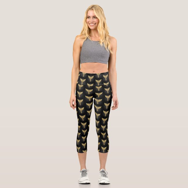 Gold Polygonal Symbol Caduceus Capri Leggings (Front)