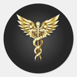 Gold Polygonal Symbol Caduceus Classic Round Sticker