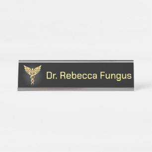 Gold Polygonal Symbol Caduceus Desk Name Plate