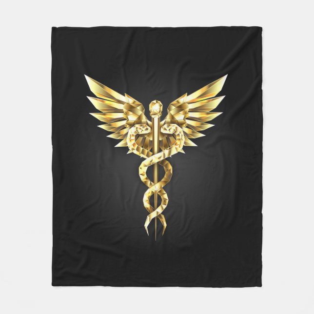 Gold Polygonal Symbol Caduceus Fleece Blanket (Front)
