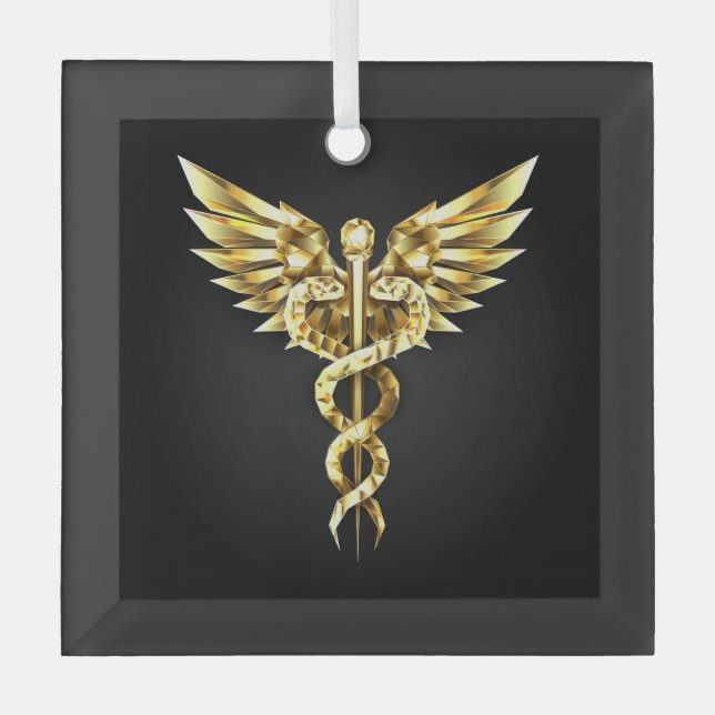 Gold Polygonal Symbol Caduceus Glass Ornament (Front)