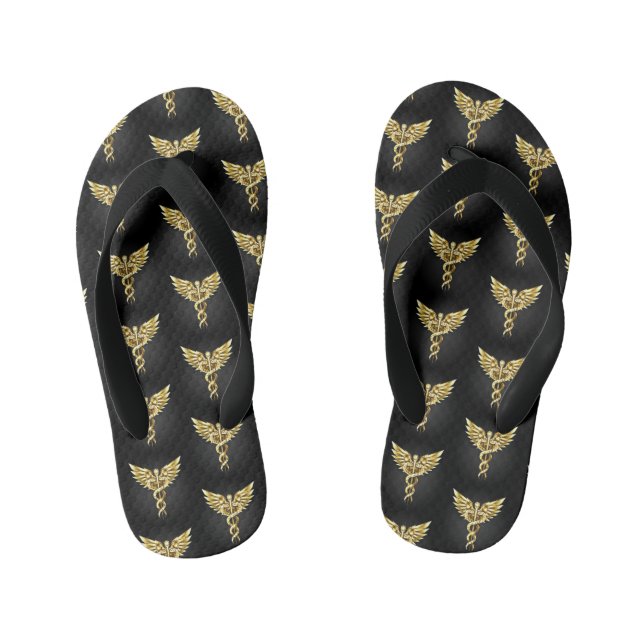 Gold Polygonal Symbol Caduceus Kid's Flip Flops (Footbed)