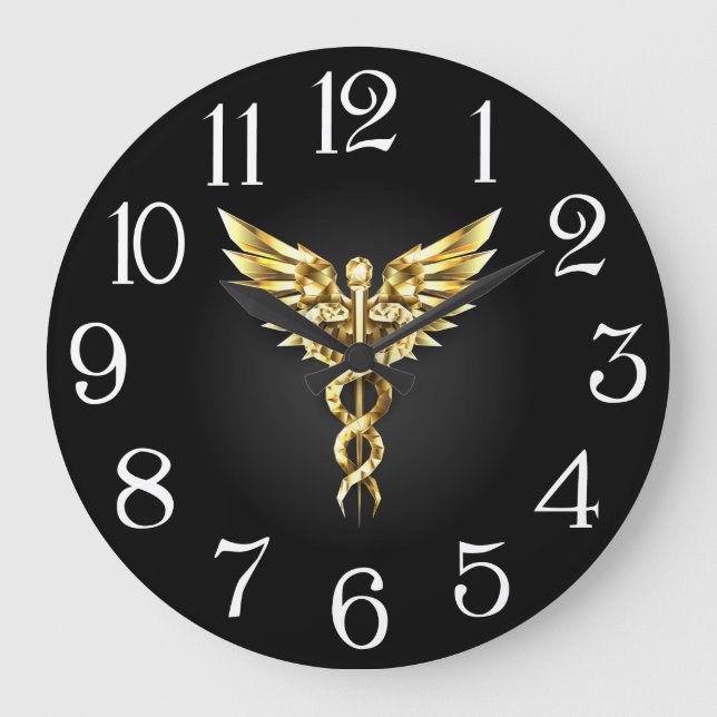 Gold Polygonal Symbol Caduceus Large Clock (Front)