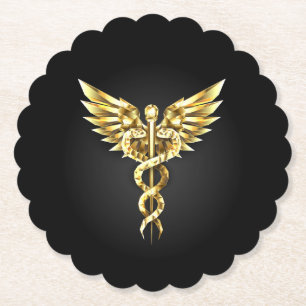 Gold Polygonal Symbol Caduceus Paper Coaster