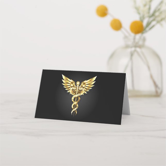 Gold Polygonal Symbol Caduceus Place Card (Front)