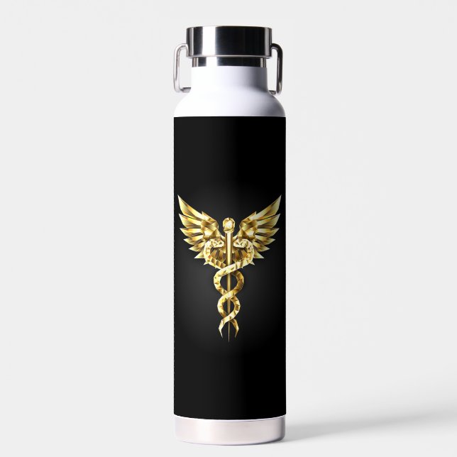 Gold Polygonal Symbol Caduceus Water Bottle (Front)