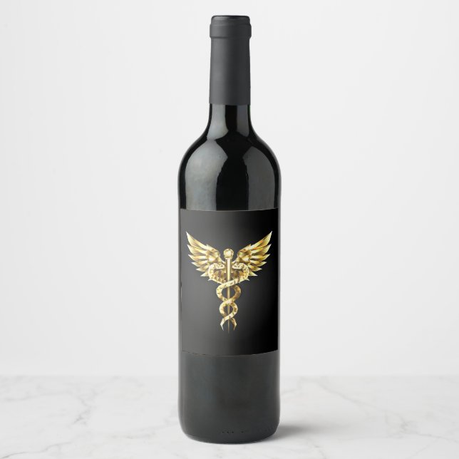 Gold Polygonal Symbol Caduceus Wine Label (Front)