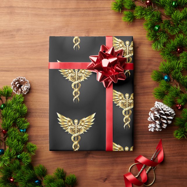 Gold Polygonal Symbol Caduceus Wrapping Paper (Holiday Gift)
