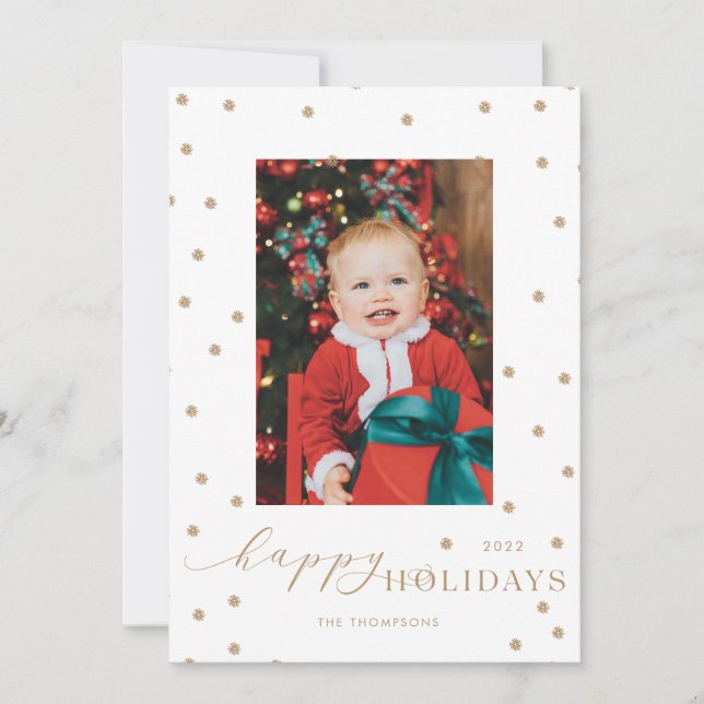 Gold Pompoms Polka Dot Photo Holiday Card (Front)