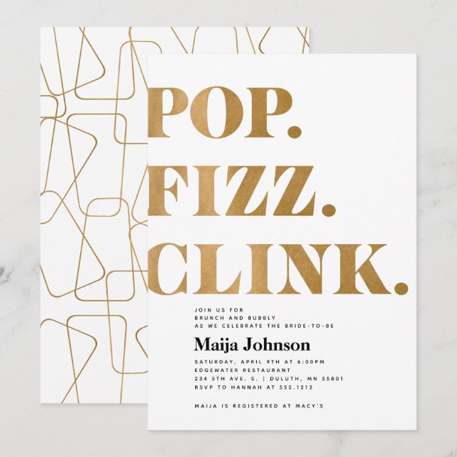 Gold Pop Fizz Clink Invitation à la douche nuptial (Devant / Derrière)