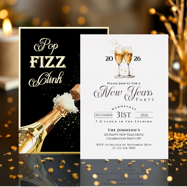 Gold Pop Fizz Clink New Years Eve Party (New Years Eve Party Black and White Pop Fizz Clink Foil Invitation)