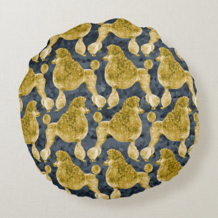 Gold Posh Poodle Night Gray Round Pillow