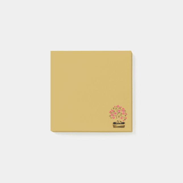 Gold Potted Pink Sakura Bonsai Flower Post-It Note (Front)