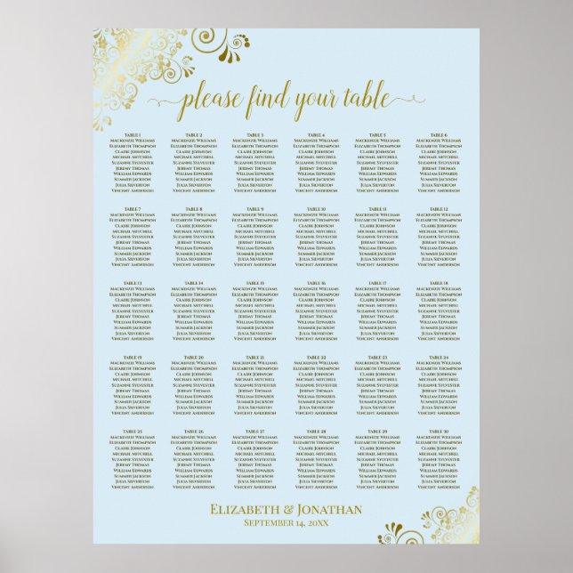 Gold & Powder Blue 30 Table Wedding Seating Chart (Front)