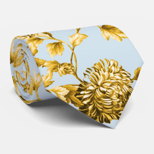 Gold & Powder Blue Modern Botanical Floral Toile Tie