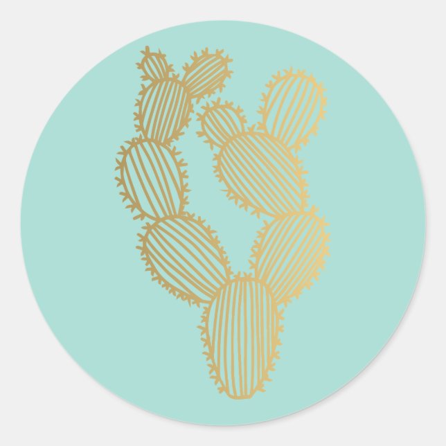 Gold Prickly Cactus Doodle Classic Round Sticker (Front)