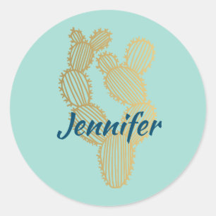 Gold Prickly Cactus Doodle Personalized  Classic Round Sticker
