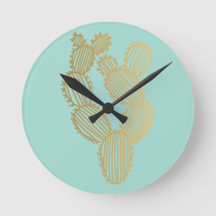 Gold Prickly Cactus Doodle Round Clock