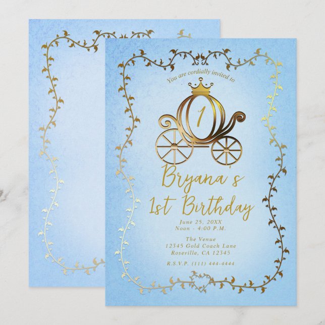 Gold Princess Carriage Blue Storybook 1st Birthday Invitation (Front/Back)