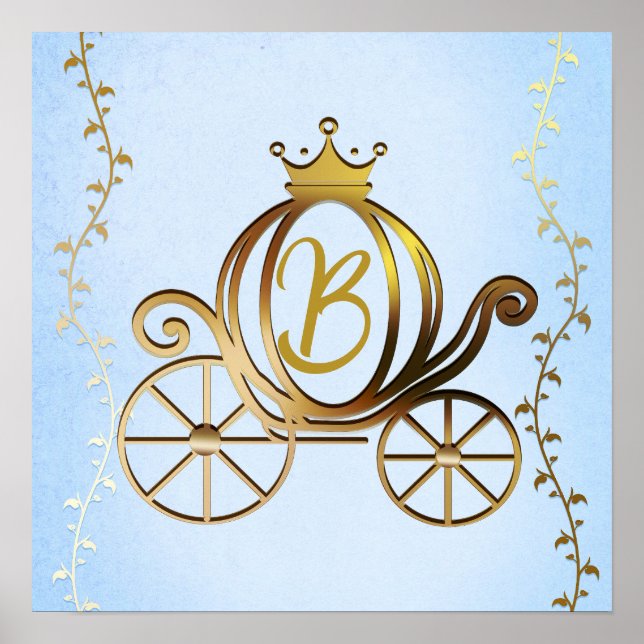 Gold Princess Carriage Blue Storybook Personalized Poster (Front)