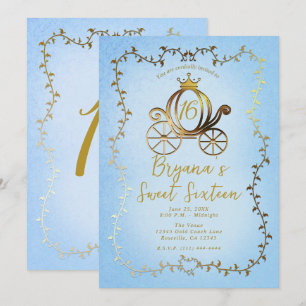 Gold Princess Carriage Blue Storybook Sweet 16 Invitation