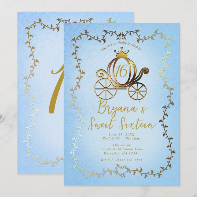 Gold Princess Carriage Blue Storybook Sweet 16 Invitation (Front/Back)