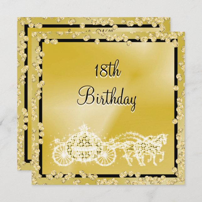 Gold Princess Coach & Horses 18th Birthday Invitation (Front/Back)