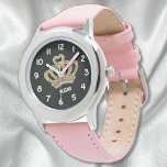 Gold Princess Crown Girl's Watch<br><div class="desc">Personalize this watch for your favourite little princess with her own initials next to a sparkly gold colour crown printed on the watch face.  Shown here in pink and black,  but you'll have many other strap colours and bezel styles to personalize it even further.  Great birthday or Christmas gift.</div>