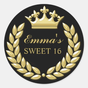 Gold Princess Crown Personalized Black Sweet 16 Classic Round Sticker