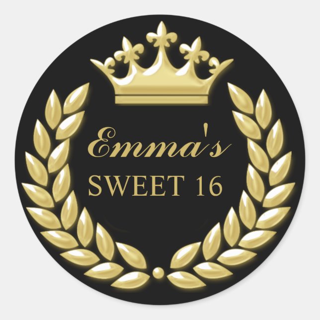 Gold Princess Crown Personalized Black Sweet 16 Classic Round Sticker (Front)
