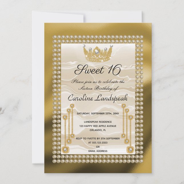 Gold & Princess Crown with Cream Silk Invitation (Front)