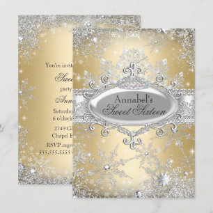 Gold Princess Winter Wonderland Sweet 16 Invite