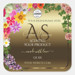 Gold Product Labels Colourful Flowers Monogram Log