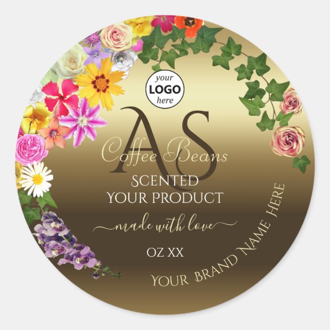 Gold Product Labels Colourful Flowers Monogram Log (Front)