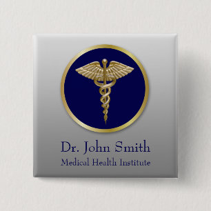 Gold Professional Caduceus Blue Medical 2 Inch Square Button
