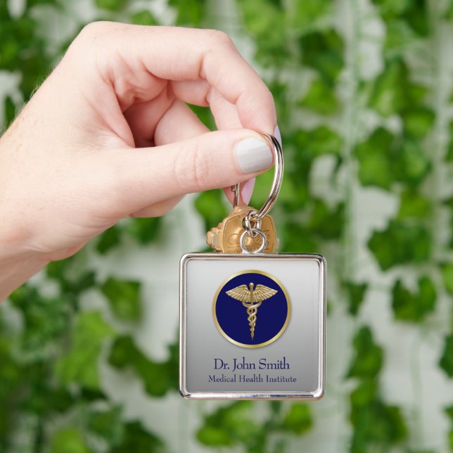 Gold Professional Medical Blue Caduceus Keychain (Hand)