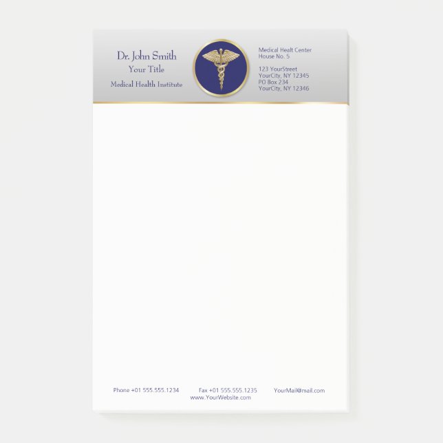 Gold Professional Medical Blue Caduceus Post-it Notes (Front)