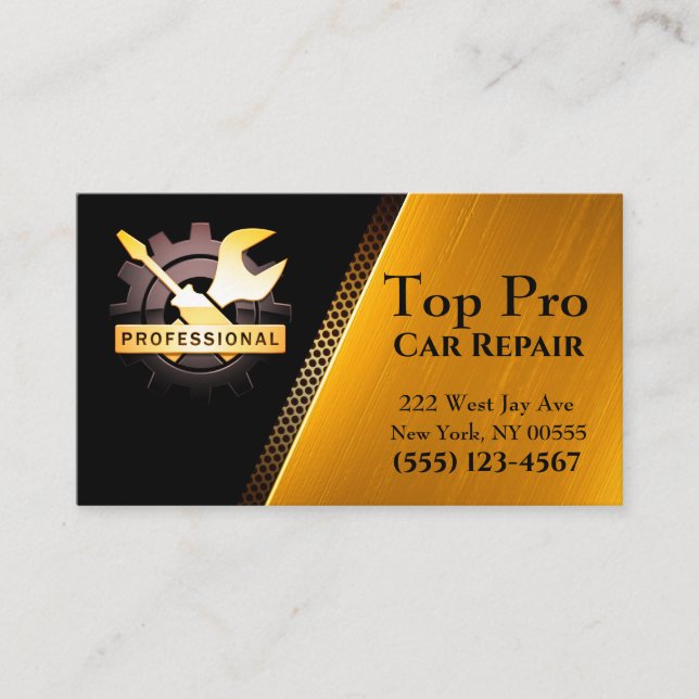Gold Professional Tool Auto Repair Car Mechanic Business Card (Front)