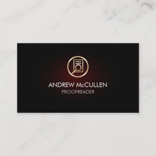 Gold Proofreader Paper Magnifying Glass Icon Glow Business Card