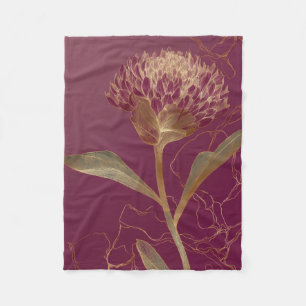 Gold Protea Flower Burgundy Botanical Linework Fleece Blanket