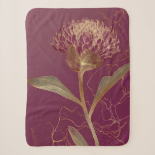 Gold Protea Flower Burgundy Botanical Linework Sherpa Blanket