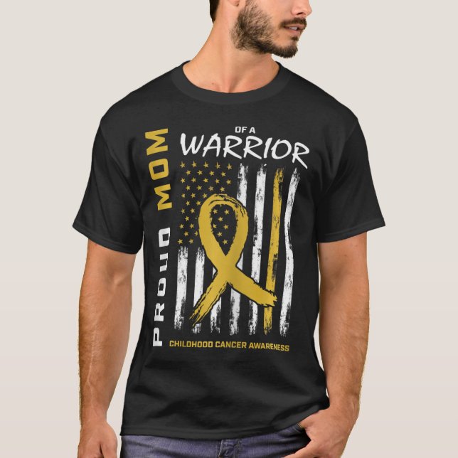 Gold Proud Mom of a Warrior Childhood Cancer Aware T-Shirt (Front)