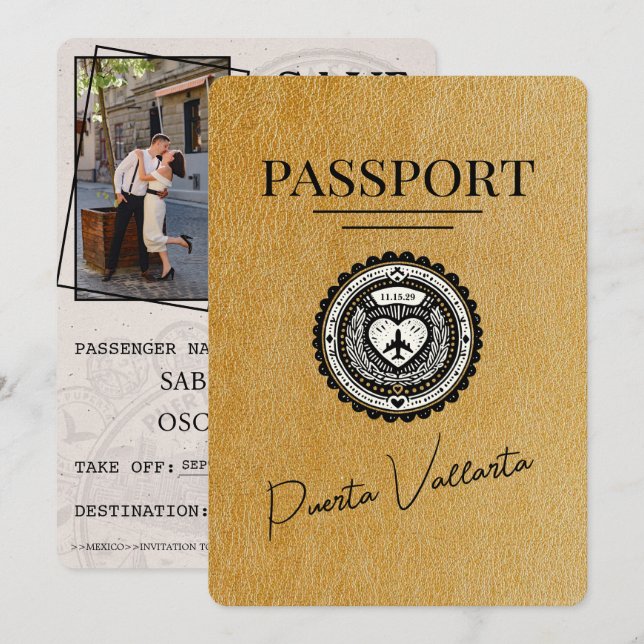 Gold Puerta Vallarta Passport Save The Date (Front/Back)