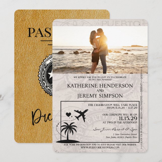 Gold Puerto Rico Passport Wedding Invitation (Front/Back)