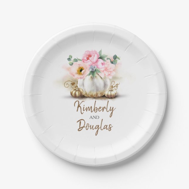 Gold Pumpkin and Blush Pink Flowers Vase Fall Paper Plate (Front)