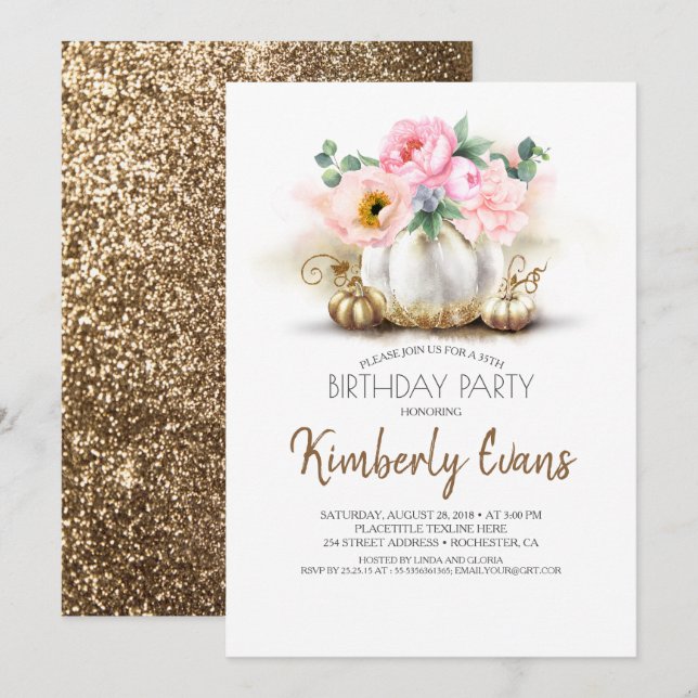Gold Pumpkin Blush Pink Floral Fall Birthday Invitation (Front/Back)