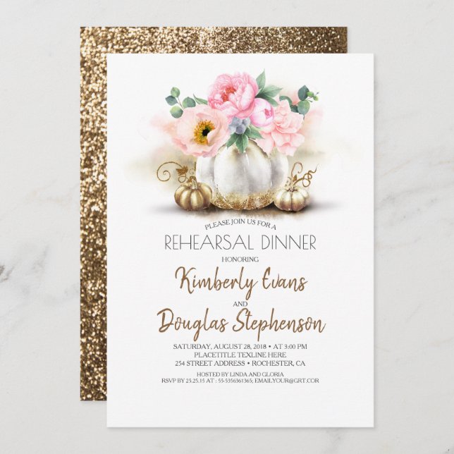 Gold Pumpkin Blush Pink Floral Rehearsal Dinner Invitation (Front/Back)