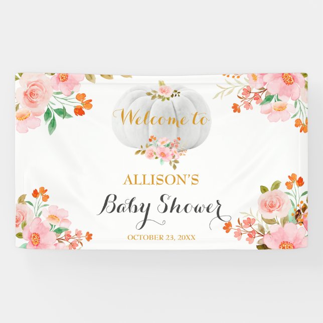Gold Pumpkin Fall Pink Floral Baby Shower Backdrop Banner (Horizontal)